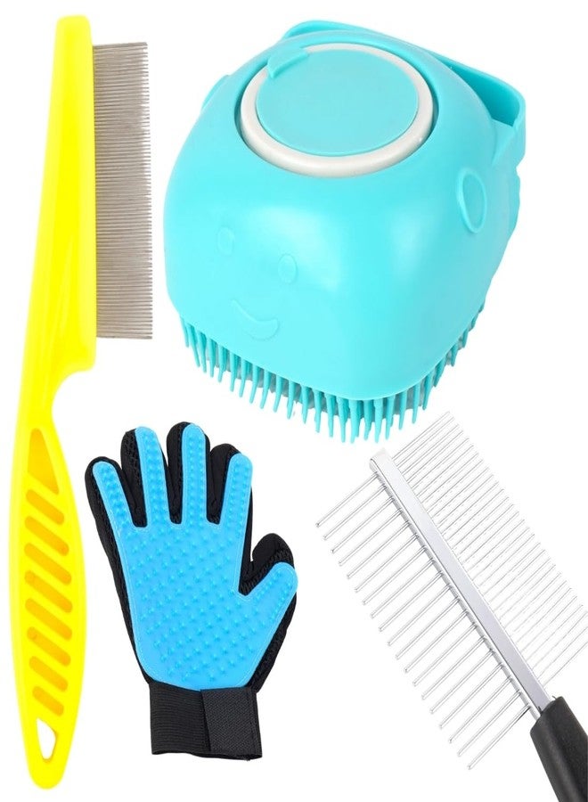 مجموعة أدوات العناية بالحيوانات الأليفة مع فرشاة تدليك، مشط لإزالة الشعر الزائد، قفاز، باللونين الفيروزي والأصفر، أدوات احترافية لإزالة شعر الكلاب والقطط (عبوة من 4 قطع) - Image 1